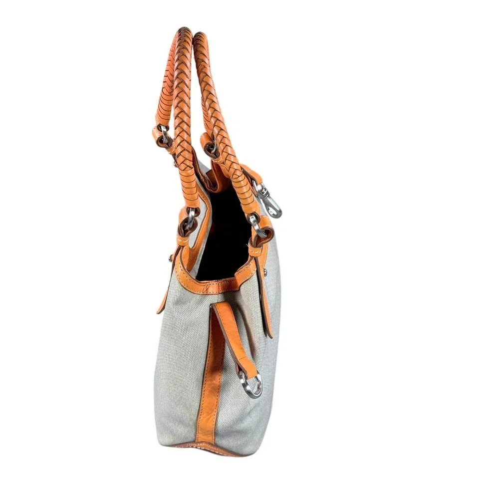 Cole Haan Genevieve Hobo Bag Canvas‎ Leather Orange Tan Large Braided Silver HW